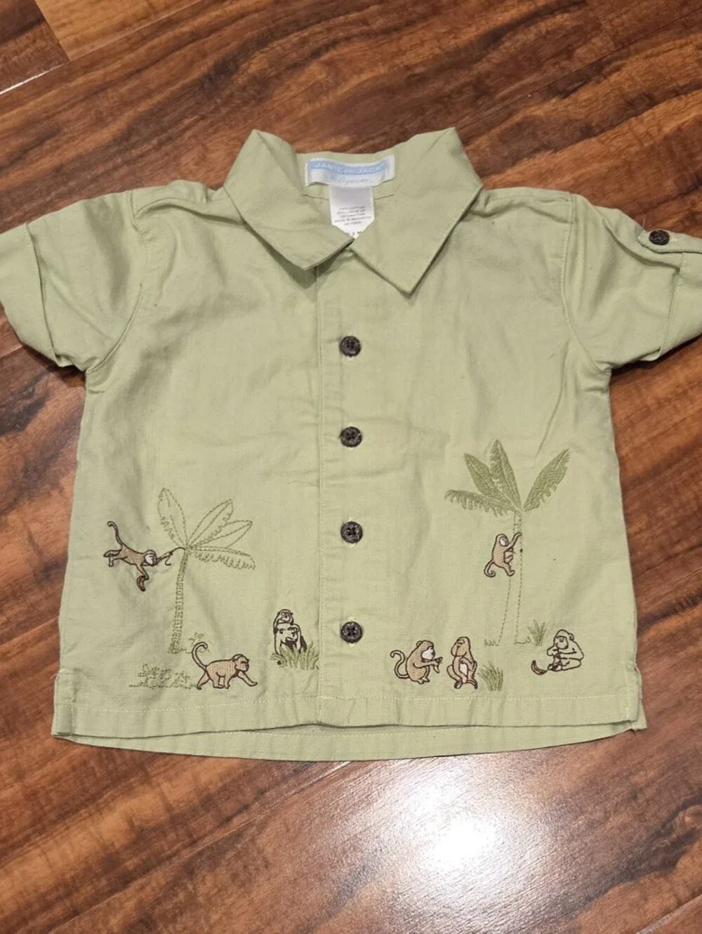 Janie and Jack EUC 0-3 Months Green Linen Button-Up Shirt with Monkey Embroidery